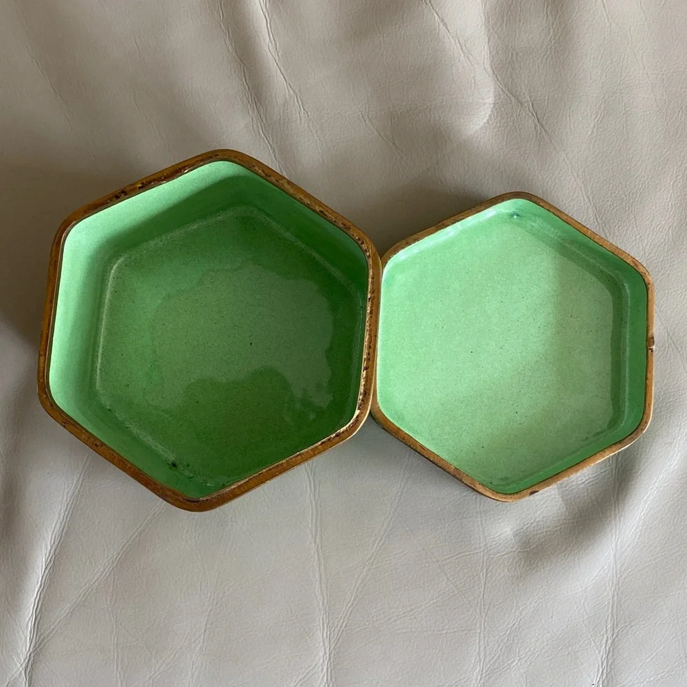 Vintage Chinese Hand Painted Enamel Hexagon Box Dragon / Phoenix Design